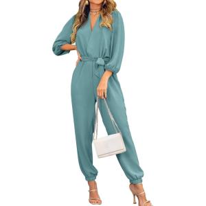imagePRETTYGARDEN Womens Spring Fall Jumpsuits Casual Dressy One Piece Outfits V Neck Long Sleeve Belt Pockets Long Pants RomperBlue Green