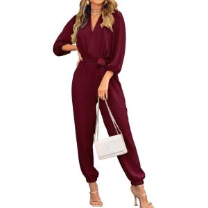 imagePRETTYGARDEN Womens Spring Fall Jumpsuits Casual Dressy One Piece Outfits V Neck Long Sleeve Belt Pockets Long Pants RomperWine Red