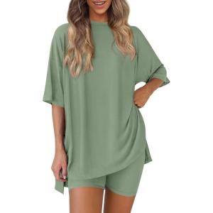imagePRETTYGARDEN Womens Two Piece Lounge Set 2025 Summer Casual Oversized Shirts Biker Shorts Matching Airport Travel OutfitBean Green