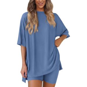 imagePRETTYGARDEN Womens Two Piece Lounge Set 2025 Summer Casual Oversized Shirts Biker Shorts Matching Airport Travel OutfitBlue