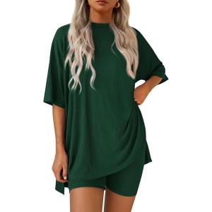 imagePRETTYGARDEN Womens Two Piece Lounge Set 2025 Summer Casual Oversized Shirts Biker Shorts Matching Airport Travel OutfitDark Green