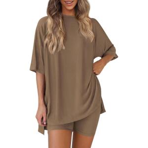 imagePRETTYGARDEN Womens Two Piece Lounge Set 2025 Summer Casual Oversized Shirts Biker Shorts Matching Airport Travel OutfitDark Khaki