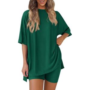 imagePRETTYGARDEN Womens Two Piece Lounge Set 2025 Summer Casual Oversized Shirts Biker Shorts Matching Airport Travel OutfitGreen