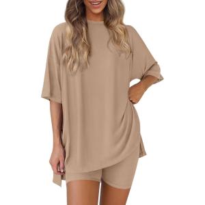 imagePRETTYGARDEN Womens Two Piece Lounge Set 2025 Summer Casual Oversized Shirts Biker Shorts Matching Airport Travel OutfitKhaki