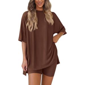 imagePRETTYGARDEN Womens Two Piece Lounge Set 2025 Summer Casual Oversized Shirts Biker Shorts Matching Airport Travel OutfitLight Coffee