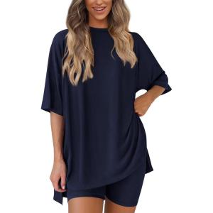 imagePRETTYGARDEN Womens Two Piece Lounge Set 2025 Summer Casual Oversized Shirts Biker Shorts Matching Airport Travel OutfitNavy