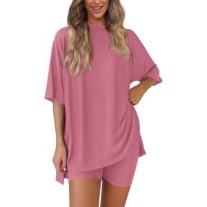 imagePRETTYGARDEN Womens Two Piece Lounge Set 2025 Summer Casual Oversized Shirts Biker Shorts Matching Airport Travel OutfitPink