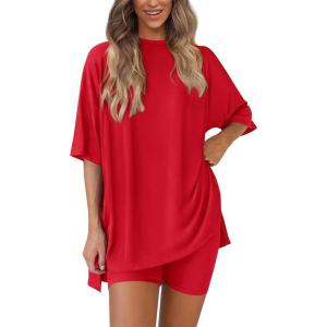 imagePRETTYGARDEN Womens Two Piece Lounge Set 2025 Summer Casual Oversized Shirts Biker Shorts Matching Airport Travel OutfitRed