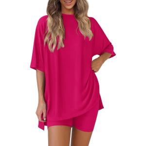 imagePRETTYGARDEN Womens Two Piece Lounge Set 2025 Summer Casual Oversized Shirts Biker Shorts Matching Airport Travel OutfitRose Red