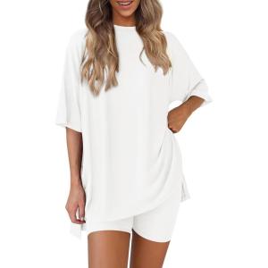 imagePRETTYGARDEN Womens Two Piece Lounge Set 2025 Summer Casual Oversized Shirts Biker Shorts Matching Airport Travel OutfitWhite