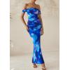 imagePRETTYGARDEN Womens Ruched Bodycon Maxi Dress 2025 Summer Off Shoulder Floral Mesh Cocktail Party Fitted DressesBlue Floral