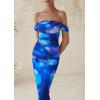 imagePRETTYGARDEN Womens Ruched Bodycon Maxi Dress 2025 Summer Off Shoulder Floral Mesh Cocktail Party Fitted DressesBlue Floral