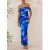 imagePRETTYGARDEN Womens Ruched Bodycon Maxi Dress 2025 Summer Off Shoulder Floral Mesh Cocktail Party Fitted DressesBlue Floral