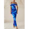 imagePRETTYGARDEN Womens Ruched Bodycon Maxi Dress 2025 Summer Off Shoulder Floral Mesh Cocktail Party Fitted DressesBlue Floral