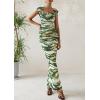 imagePRETTYGARDEN Womens Ruched Bodycon Maxi Dress 2025 Summer Off Shoulder Floral Mesh Cocktail Party Fitted DressesDark Army Green Floral