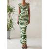 imagePRETTYGARDEN Womens Ruched Bodycon Maxi Dress 2025 Summer Off Shoulder Floral Mesh Cocktail Party Fitted DressesDark Army Green Floral