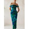 imagePRETTYGARDEN Womens Ruched Bodycon Maxi Dress 2025 Summer Off Shoulder Floral Mesh Cocktail Party Fitted DressesGreen Floral