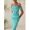 imagePRETTYGARDEN Womens Ruched Bodycon Maxi Dress 2025 Summer Off Shoulder Floral Mesh Cocktail Party Fitted DressesLight Green Daisy