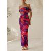 imagePRETTYGARDEN Womens Ruched Bodycon Maxi Dress 2025 Summer Off Shoulder Floral Mesh Cocktail Party Fitted DressesNavy Red Floral