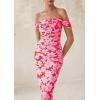 imagePRETTYGARDEN Womens Ruched Bodycon Maxi Dress 2025 Summer Off Shoulder Floral Mesh Cocktail Party Fitted DressesPink Daisy