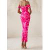 imagePRETTYGARDEN Womens Ruched Bodycon Maxi Dress 2025 Summer Off Shoulder Floral Mesh Cocktail Party Fitted DressesRose Red Floral
