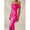 imagePRETTYGARDEN Womens Ruched Bodycon Maxi Dress 2025 Summer Off Shoulder Floral Mesh Cocktail Party Fitted DressesRose Red Floral