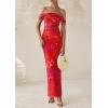 imagePRETTYGARDEN Womens Ruched Bodycon Maxi Dress 2025 Summer Off Shoulder Floral Mesh Cocktail Party Fitted DressesRust Red Floral
