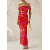 imagePRETTYGARDEN Womens Ruched Bodycon Maxi Dress 2025 Summer Off Shoulder Floral Mesh Cocktail Party Fitted DressesRust Red Floral
