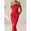 imagePRETTYGARDEN Womens Ruched Bodycon Maxi Dress 2025 Summer Off Shoulder Floral Mesh Cocktail Party Fitted DressesRust Red Floral