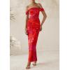 imagePRETTYGARDEN Womens Ruched Bodycon Maxi Dress 2025 Summer Off Shoulder Floral Mesh Cocktail Party Fitted DressesRust Red Floral