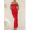 imagePRETTYGARDEN Womens Ruched Bodycon Maxi Dress 2025 Summer Off Shoulder Floral Mesh Cocktail Party Fitted DressesRust Red Floral