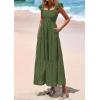 imagePRETTYGARDEN Womens Summer Square Neck Maxi Dresses Cap Sleeve Eyelet Smocked Tiered A Line Flowy Long Dress with PocketsArmy Green
