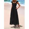 imagePRETTYGARDEN Womens Summer Square Neck Maxi Dresses Cap Sleeve Eyelet Smocked Tiered A Line Flowy Long Dress with PocketsBlack