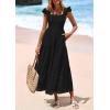 imagePRETTYGARDEN Womens Summer Square Neck Maxi Dresses Cap Sleeve Eyelet Smocked Tiered A Line Flowy Long Dress with PocketsBlack