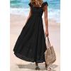 imagePRETTYGARDEN Womens Summer Square Neck Maxi Dresses Cap Sleeve Eyelet Smocked Tiered A Line Flowy Long Dress with PocketsBlack