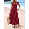 imagePRETTYGARDEN Womens Summer Square Neck Maxi Dresses Cap Sleeve Eyelet Smocked Tiered A Line Flowy Long Dress with PocketsWine Red