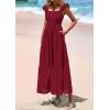 imagePRETTYGARDEN Womens Summer Square Neck Maxi Dresses Cap Sleeve Eyelet Smocked Tiered A Line Flowy Long Dress with PocketsWine Red
