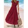 imagePRETTYGARDEN Womens Summer Square Neck Maxi Dresses Cap Sleeve Eyelet Smocked Tiered A Line Flowy Long Dress with PocketsWine Red