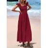 imagePRETTYGARDEN Womens Summer Square Neck Maxi Dresses Cap Sleeve Eyelet Smocked Tiered A Line Flowy Long Dress with PocketsWine Red