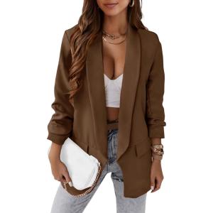 imagePRETTYGARDEN Womens Casual Blazer 2025 Spring Fall Fashion Long Sleeve Open Front Work Office Suit JacketsCoffee