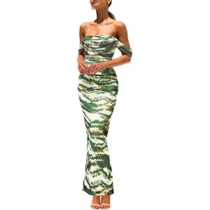 imagePRETTYGARDEN Womens Ruched Bodycon Maxi Dress 2025 Summer Off Shoulder Floral Mesh Cocktail Party Fitted DressesDark Army Green Floral