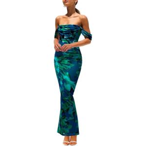imagePRETTYGARDEN Womens Ruched Bodycon Maxi Dress 2025 Summer Off Shoulder Floral Mesh Cocktail Party Fitted DressesGreen Floral