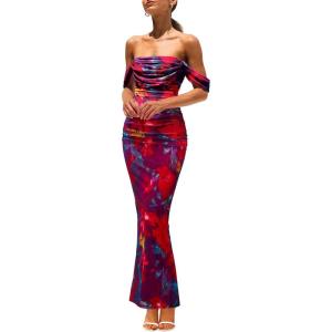 imagePRETTYGARDEN Womens Ruched Bodycon Maxi Dress 2025 Summer Off Shoulder Floral Mesh Cocktail Party Fitted DressesNavy Red Floral