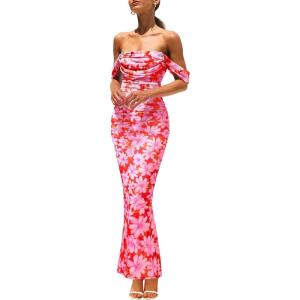 imagePRETTYGARDEN Womens Ruched Bodycon Maxi Dress 2025 Summer Off Shoulder Floral Mesh Cocktail Party Fitted DressesPink Daisy