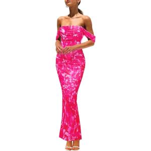 imagePRETTYGARDEN Womens Ruched Bodycon Maxi Dress 2025 Summer Off Shoulder Floral Mesh Cocktail Party Fitted DressesRose Red Floral