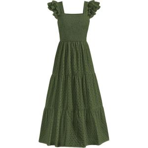 imagePRETTYGARDEN Womens Summer Square Neck Maxi Dresses Cap Sleeve Eyelet Smocked Tiered A Line Flowy Long Dress with PocketsArmy Green