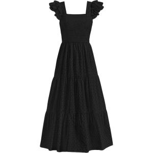 imagePRETTYGARDEN Womens Summer Square Neck Maxi Dresses Cap Sleeve Eyelet Smocked Tiered A Line Flowy Long Dress with PocketsBlack
