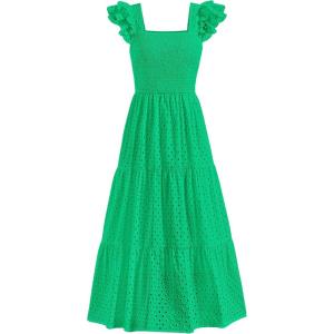 imagePRETTYGARDEN Womens Summer Square Neck Maxi Dresses Cap Sleeve Eyelet Smocked Tiered A Line Flowy Long Dress with PocketsGreen