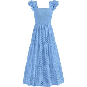 imagePRETTYGARDEN Womens Summer Square Neck Maxi Dresses Cap Sleeve Eyelet Smocked Tiered A Line Flowy Long Dress with PocketsLight Blue