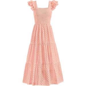 imagePRETTYGARDEN Womens Summer Square Neck Maxi Dresses Cap Sleeve Eyelet Smocked Tiered A Line Flowy Long Dress with PocketsLight Pink